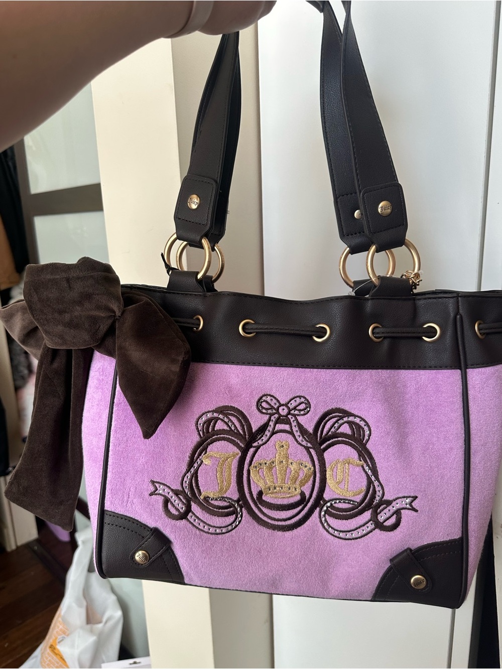 Juicy Couture Lavender Suede Tote with Embroidered Crest and Brown Trim